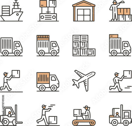 Collection of vector icons representing logistics shipping delivery services trucks cargo workers with supply chain logistics shipping delivery transport