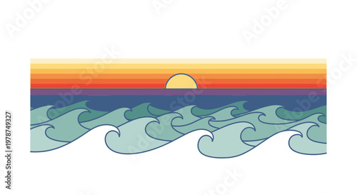 Stylized ocean sunset illustration featuring waves and gradient colors