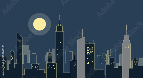 Stylized night cityscape with skyscrapers and full moon illustration