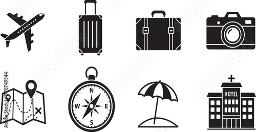 Vector illustration set of airport scene with airplane and building icons for travel and business design