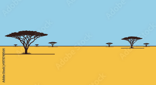 Stylized savanna landscape with trees against blue sky illustration