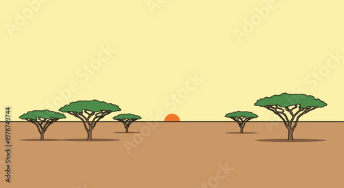 Stylized savanna scene with trees sunset flat illustration background