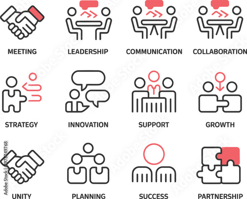 Business and teamwork icons: meeting strategy success with business teamwork strategy collaboration planning communication partnership leadership
