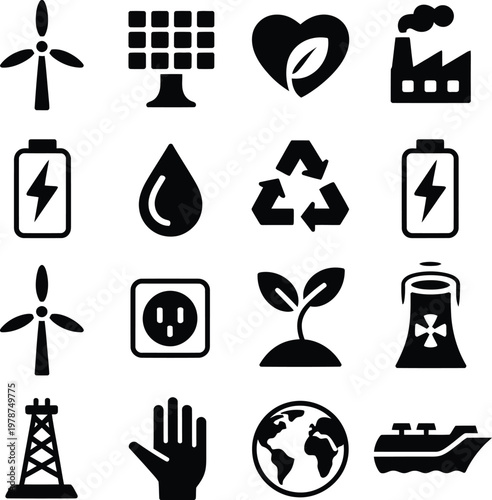Environmental energy and industry icons set with wind turbine solar panel water drop power plant oil rig environment recycling industry renewable