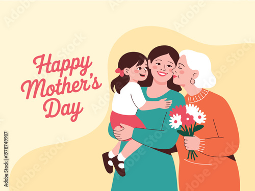 Family generations celebrate Mother's Day together with a bouquet of colorful spring flowers.