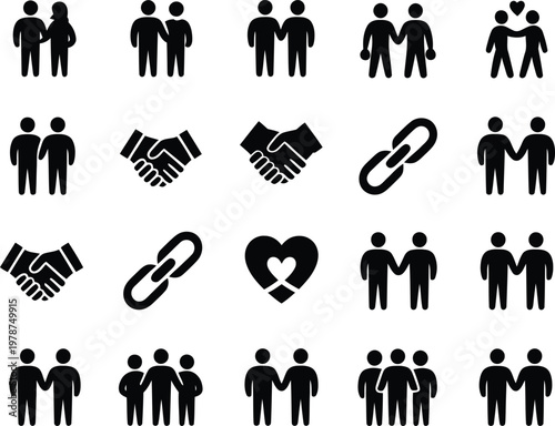 Friendship and partnership icon set with friendship partnership handshake together connection relationship illustration silhouette iconography