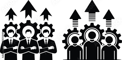 Business growth and progress concept with silhouettes of people gears upward arrows vector illustration business progress development advancement mechanism