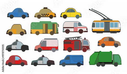 Colorful cartoon transport vehicles for kids with cute cars bus ambulance and trucks vector set