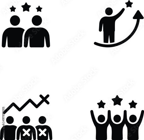 Icons representing success teamwork progress with stars and graphs teamwork progress achievement business strategy performance feedback illustration
