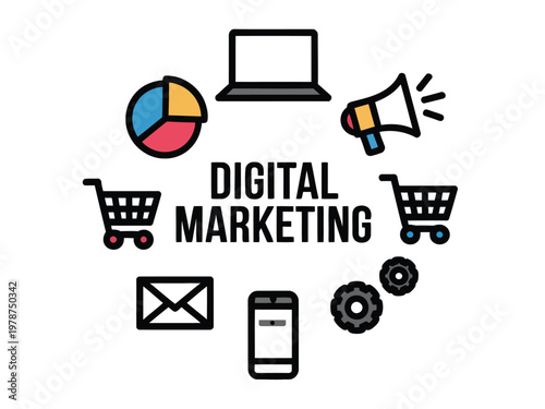 Digital marketing icons circle a bold text label creating a conceptual layout for modern.