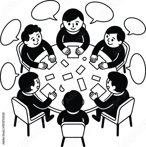 Group discussion around a round table vector illustration of people in meeting with speech bubbles meeting room people talking business meeting discussion