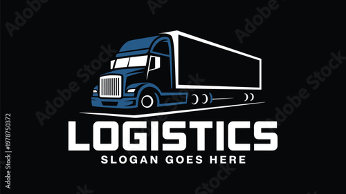 Blue semi truck on dark keywords background with logistics text below trailer headlights