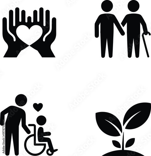 Icons for healthcare and growth vector illustration showing care and development healthcare community disability nurturing wellbeing assistance humanity