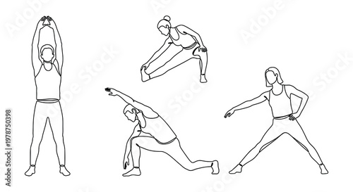Line art illustration of people performing various stretching exercises