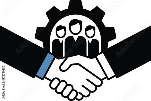 Business handshake with a gear and team icon representing industrial collaboration business handshake collaboration industry partnership agreement