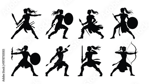 Eight keywords black silhouette of running athletes in various dynamic poses