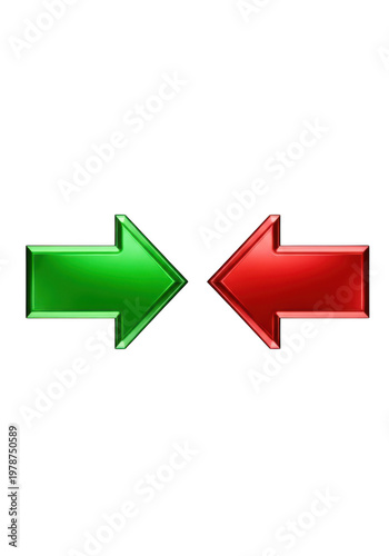 Free Download Two glossy metallic arrows pointing towards each other, a green arrow on the left and a red arrow on the right, isolated against a solid black background - GFXLoad