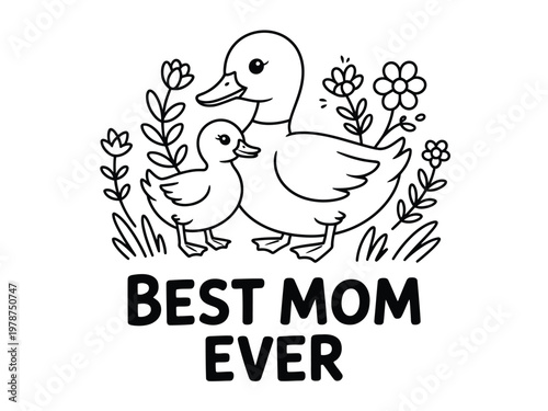 Ducks appear as a charming line art illustration celebrating mothers with floral decorations.