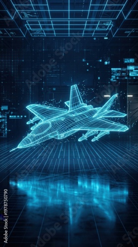 Military fighter jet wireframe blue line aircraft model with glowing particles and hud data screens in digital hangar for futuristic defense surveillance and autonomous aviation technology concept