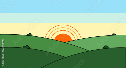 Stylized sunset over rolling green hills with vibrant colors and clear sky