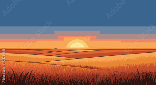 Stylized sunset over field illustration digital art vibrant colors and gradients