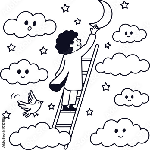 Child reaching for the moon on a ladder among clouds with aspiration ambition reaching imagination childhood illustration dreaming whimsical