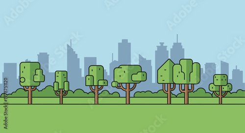 Stylized trees against city skyline green landscape graphic illustration