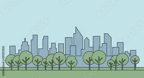 Stylized urban landscape illustration with trees and city buildings silhouette