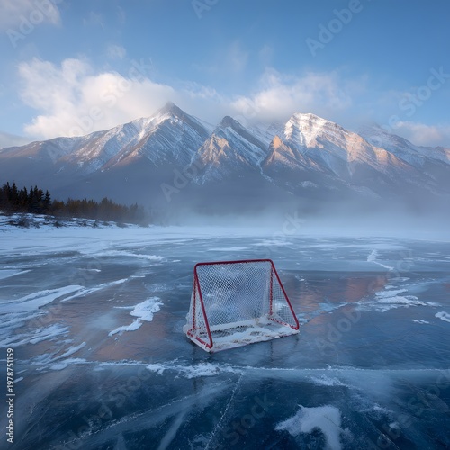 A red hockey goal stands alone on a frozen lake with snow-capped mountains in the background under a blue sky