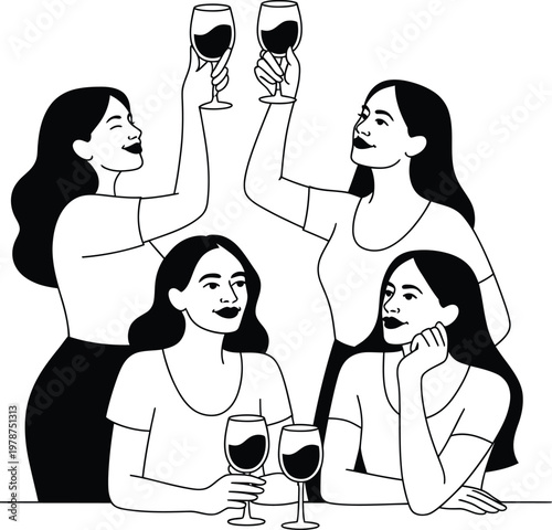 Group of five women toasting with wine glasses at a celebration line art women only drinks party celebration gathering enjoyment lifestyle illustration