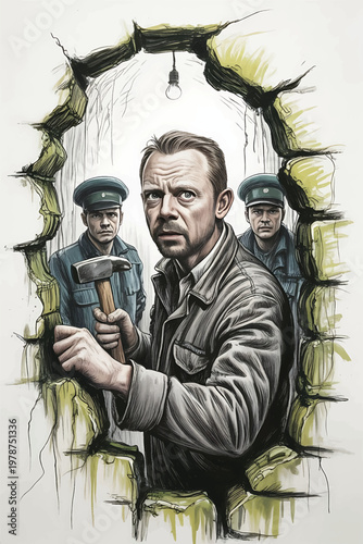 man breaking through wall with hammer and police officers behind