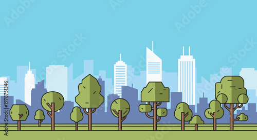 Stylized urban landscape with trees and city skyline under a clear blue sky
