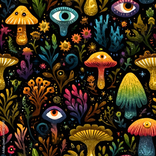 A vibrant and whimsical illustration of mushrooms, flowers, and eyes on a black background
