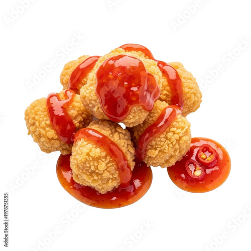 Fried chicken bites with chili sauce and chili peppers