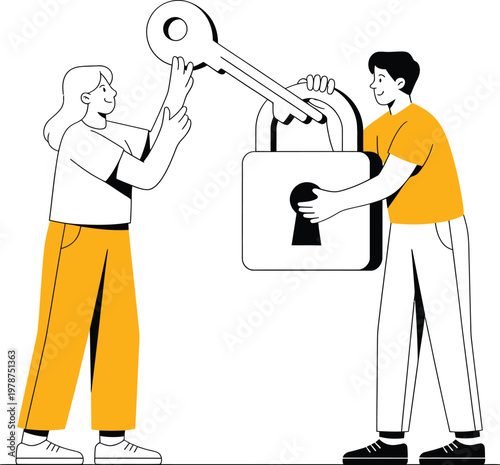Man and woman holding a large key to unlock a padlock with line art problem solving security solution partnership challenge opportunity business