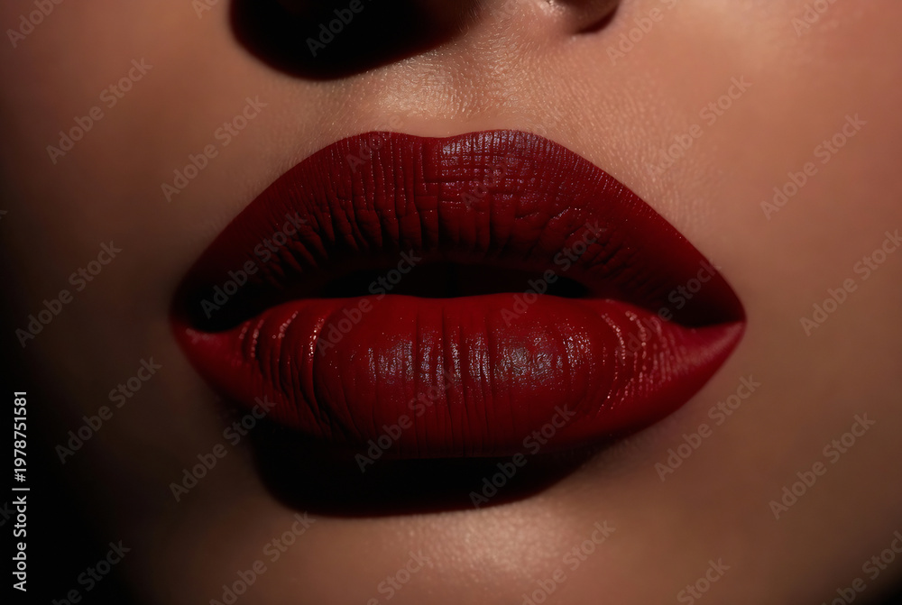 Obraz premium Subject: A close-up of a woman’s lips. Action: She is wearing deep red lipstick. Setting: A dark, textured surface.