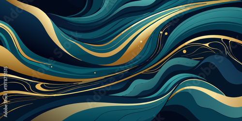Elegant abstract waves of teal gold and dark blue marble textures