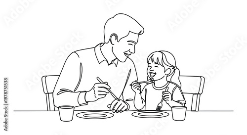 Families gathered around dining tables enjoying meals together in line art