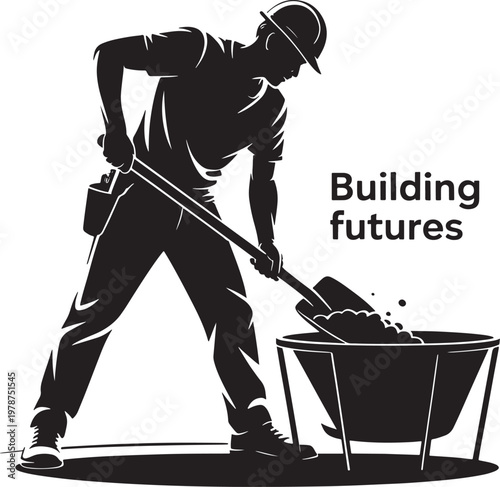 construction worker mixing cement with shovel in wheelbarrow
