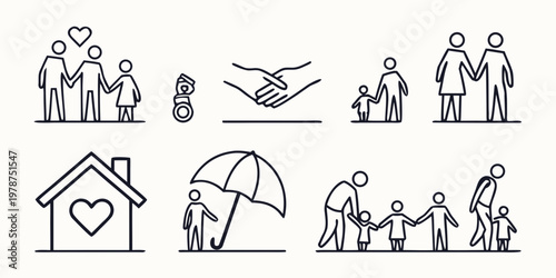 Line art illustrations depicting family home and supportive relationships