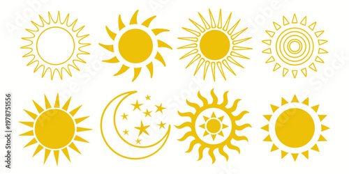 Collection of stylized yellow suns crescent moon and star icons