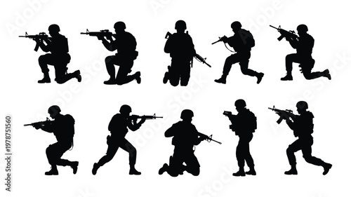 Keywords black silhouette figures running in a row isolated on white background