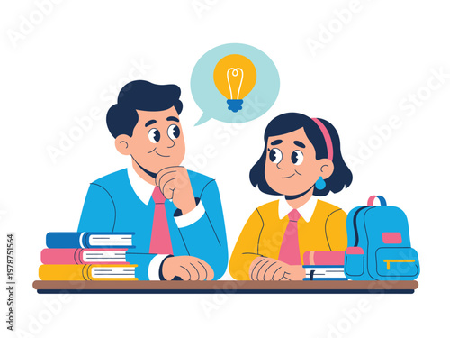 Students sitting at a desk with textbooks engage in a thoughtful discussion about learning.