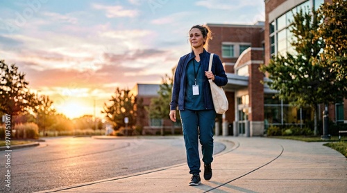 Nurse walking outside in evening light near health facility  