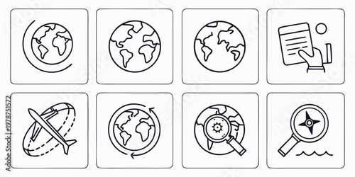 Set of black and white line icon illustrations depicting travel and exploration