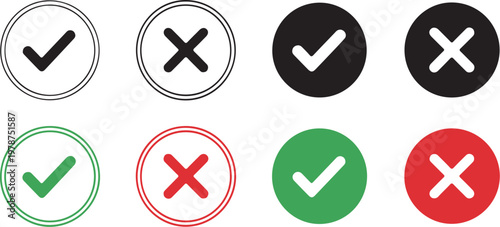 Check mark, tick, and cross icons, vector set, approval symbols, green, red, black, white
