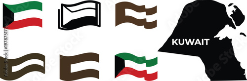 Set of kuwait flag and map outline icon on white background. kuwait map and flag. simple sign.