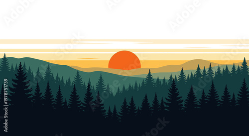 Sunset landscape illustration with forest silhouette and orange sky background