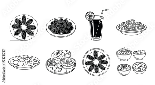 Line art illustration of various desserts and beverages on white background