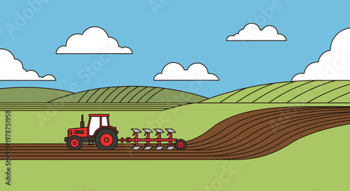 Tractor plowing field under blue sky with clouds in vibrant vector illustration
